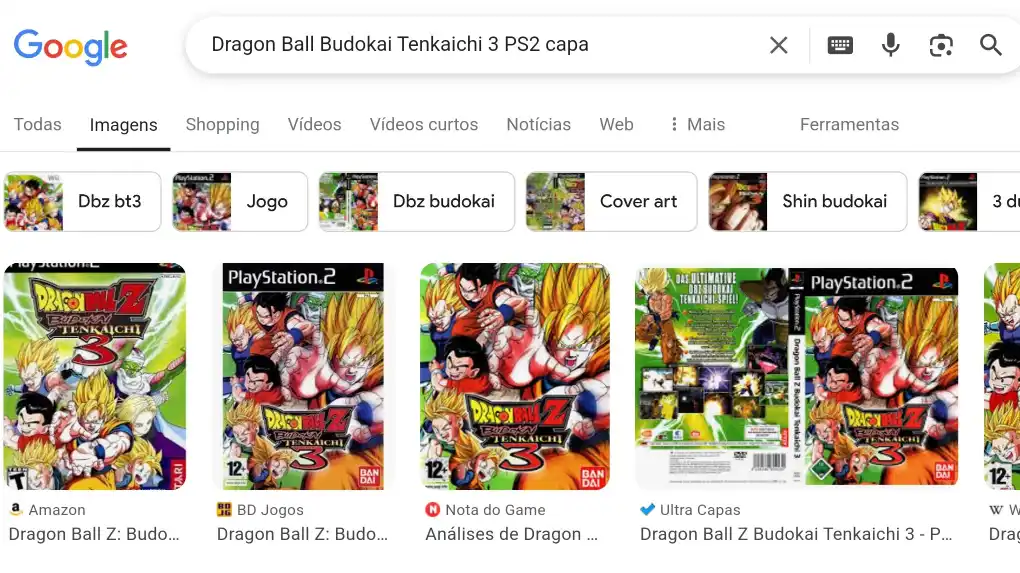 Pesquisa no Google Imagens por capa de Dragon Ball Z Budokai Tenkaichi 3 para usar no AetherSX2