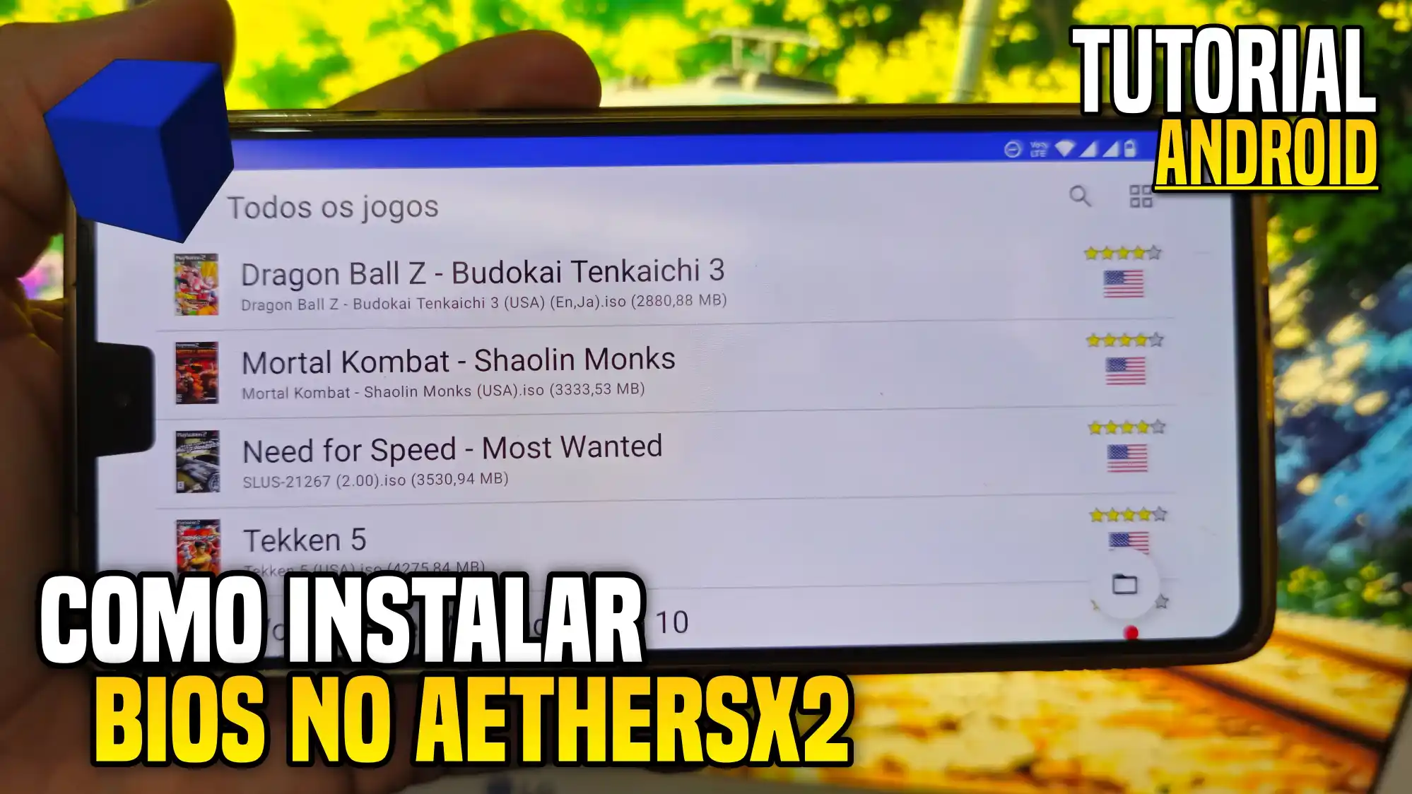 Como instalar BIOS no AetherSX2 (tutorial Android 2025) Tela do emulador AetherSX2 mostrando jogos de PS2 no Android com BIOS configurada.