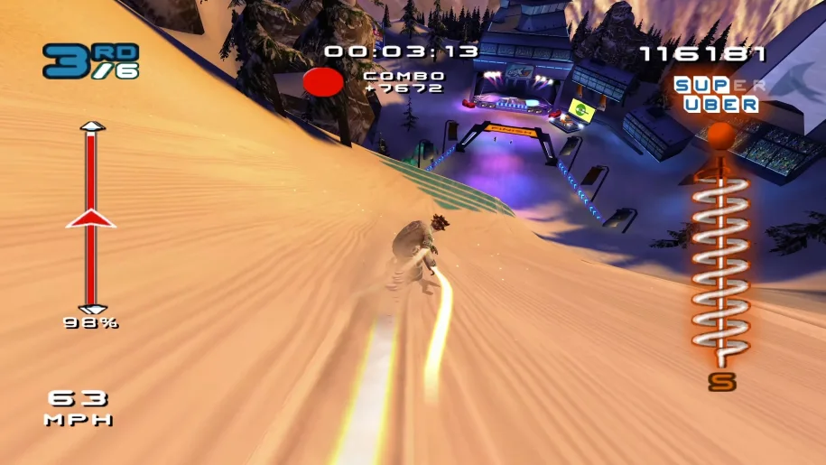 ssx3-velocidade-descida-combo.jpg Personagem deslizando em alta velocidade com boost ativado e combo de pontos acumulados no SSX3.