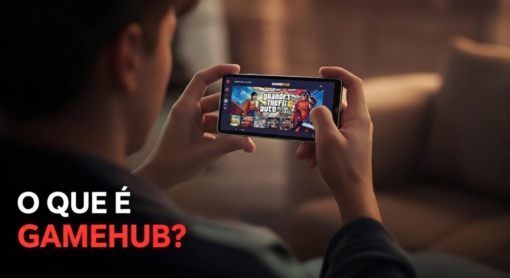 Homem jovem de 20 anos sentado no sofá, segurando celular na horizontal com a interface do GameHub exibindo Grand Theft Auto V, com texto em destaque no canto inferior esquerdo escrito “O QUE É GAMEHUB?” em vermelho e branco.
