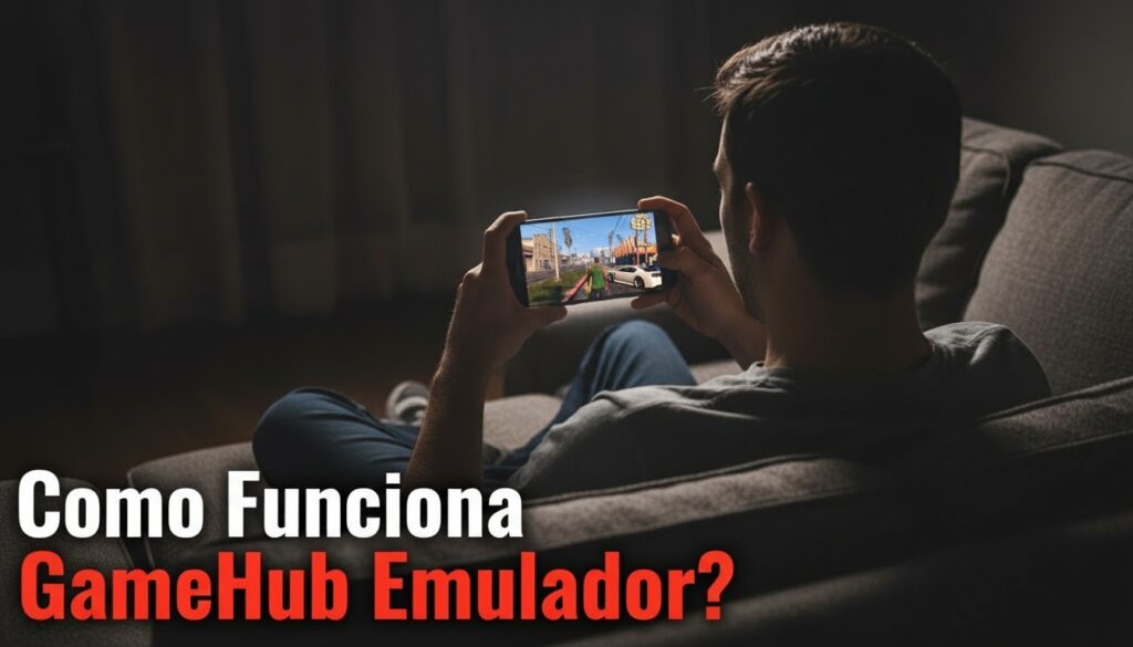 Homem jovem sentado no sofá, de costas, segurando celular na horizontal com gameplay de GTA V na tela, e texto em destaque no canto inferior esquerdo escrito “Como Funciona GameHub Emulador?” em branco e vermelho.