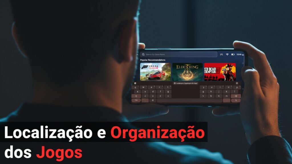 Homem jovem segurando celular na horizontal exibindo a interface do GameHub com jogos como Forza Horizon 5, Elden Ring e Red Dead Redemption II, enquanto na parte inferior esquerda aparece o texto em destaque “Localização e Organização dos Jogos” em branco e vermelho.