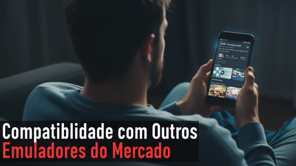 Homem jovem sentado no sofá, segurando celular na vertical com a tela mostrando a página do PPSSPP – Emulador de PSP, enquanto no canto inferior esquerdo aparece o texto em destaque “Compatibilidade com Outros Emuladores do Mercado” em branco e vermelho.