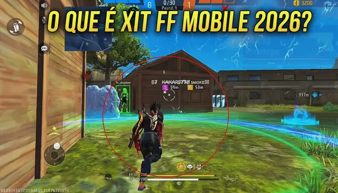 Cena em terceira pessoa dentro do Free Fire, personagem mirando em oponente com contorno verde e mira automática ativada, sugerindo painel XIT Free Fire. Texto na thumbnail: “NOVO PAINEL XIT FREE FIRE? HEADSHOT 100%”. Destaque para o círculo de mira e o efeito neon em volta do player.