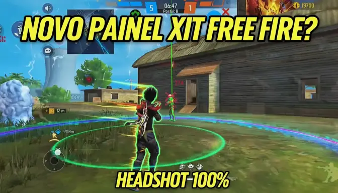 Cena em terceira pessoa dentro do Free Fire, personagem mirando em oponente com contorno verde e mira automática ativada, sugerindo painel XIT Free Fire. Texto na thumbnail: “NOVO PAINEL XIT FREE FIRE? HEADSHOT 100%”. Destaque para o círculo de mira e o efeito neon em volta do player.