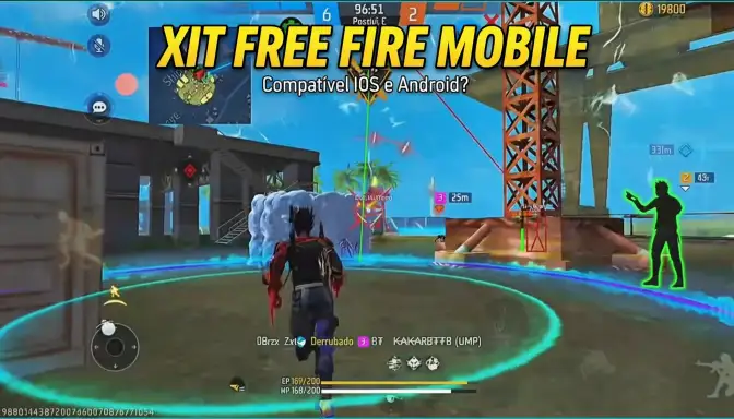 Screenshot do jogo Free Fire durante combate, com elementos de painel XIT Free Fire destacando inimigos com outline verde e linhas de rastreamento. Texto no topo: “XIT FREE FIRE MOBILE – Compatível iOS e Android?”. Personagem central correndo em direção ao alvo.
