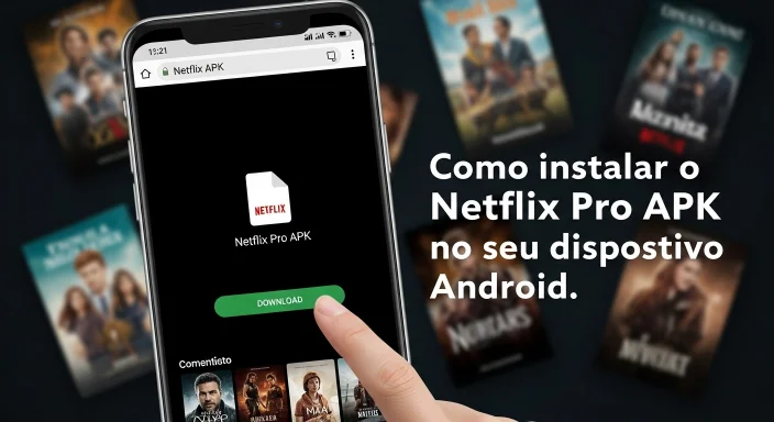 Captura de tela de um celular mostrando a interface de instalação do Netflix Pro APK. A tela exibe a logo da Netflix, o botão 'DOWNLOAD' em destaque e o título 'Como instalar o Netflix Pro APK no seu dispositivo Android'. Ao fundo, é possível ver uma variedade de capas de filmes e séries, ilustrando o catálogo de conteúdo que estará disponível após a instalação. O tutorial, em português, guia o usuário passo a passo pelo processo de instalação no Android."