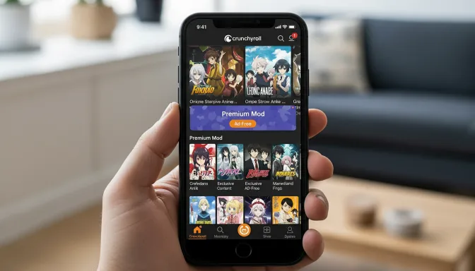 Interface do Crunchyroll Premium Mod exibindo os recursos desbloqueados, como ‘Ad Free’, ‘ Premium Mod’ e ‘Exclusive Ad Free’. A tela também apresenta opções de planos e categorias de conteúdo’, com destaque para a experiência de visualização sem anúncios e com conteúdo exclusivo.”
