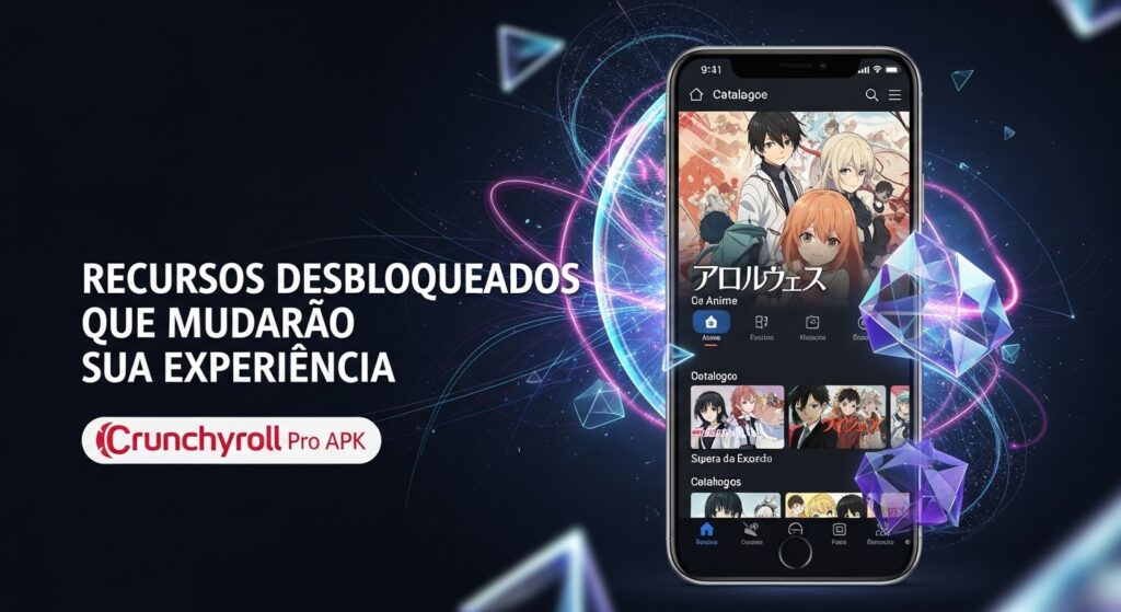 Imagem promocional do Crunchyroll Pro APK com o título ‘RECURSOS DESBLOQUEADOS QUE MUDARÃO SUA EXPERIÊNCIA’. A tela destaca recursos como ‘Catalogos’, ‘C4 Anime’ e ‘Sigma da Escada’, ilustrando as vantagens da versão modificada para acessar catálogos expandidos de animes.”