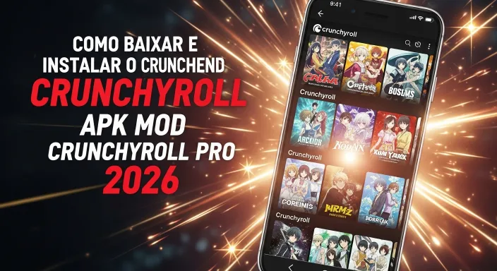 Arte promocional do Crunchyroll Pro APK com o título ‘COMO BAIXAR E INSTALAR O CRUNCHYROLL APK MOD’. A imagem apresenta a logo do Crunchyroll e destaca a versão ‘Pro 2026’, incentivando o usuário a seguir o tutorial para instalar a versão modificada do aplicativo.”