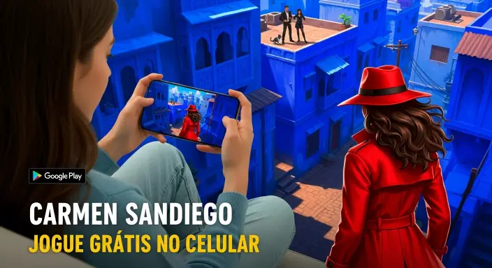 “Jogadora usando celular para jogar Carmen Sandiego no Android, com visual em terceira pessoa e cenário azul vibrante ao fundo.”