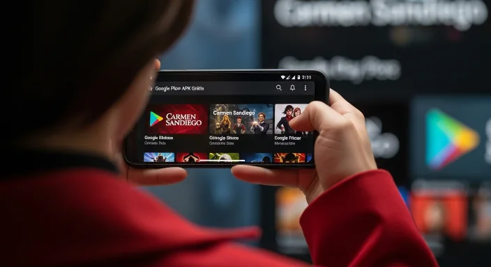 Pessoa vestida como Carmen Sandiego segurando um celular com o jogo Carmen Sandiego aberto na tela, mostrando opções de download APK grátis no Android.