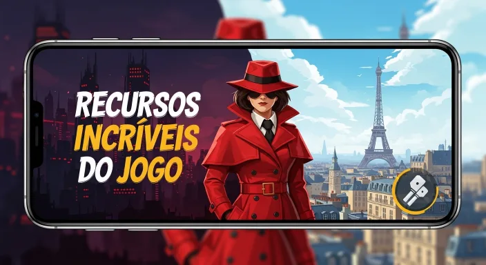 Ilustração de Carmen Sandiego com casaco vermelho em frente à Torre Eiffel, dentro da tela de um smartphone, destacando a seção “Recursos Incríveis do Jogo” do APK para Android.