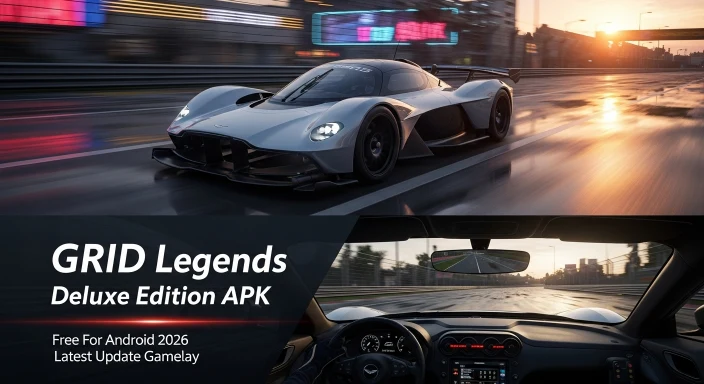Gameplay de GRID Legends Deluxe Edition no celular com carro esportivo em pista molhada.