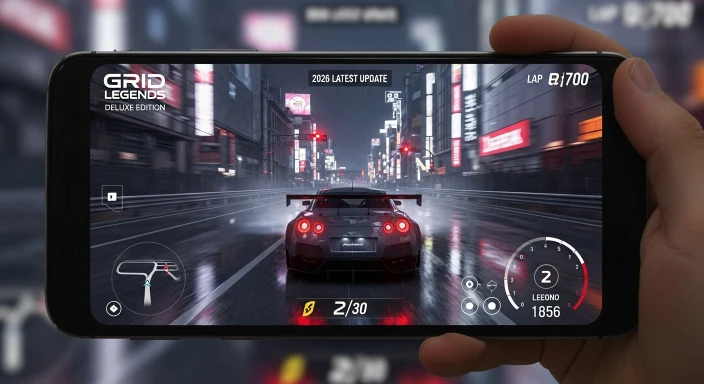 Gameplay de GRID Legends Deluxe Edition no celular com carro esportivo em pista molhada.