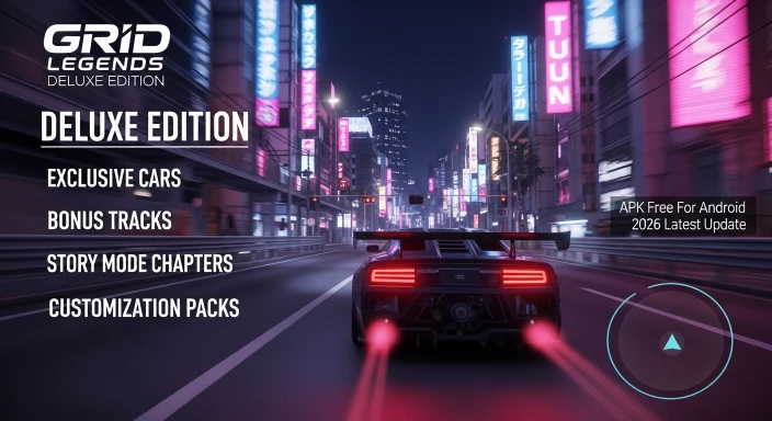 Carro esportivo neon correndo na cidade no GRID Legends Deluxe Edition com recursos exclusivos.