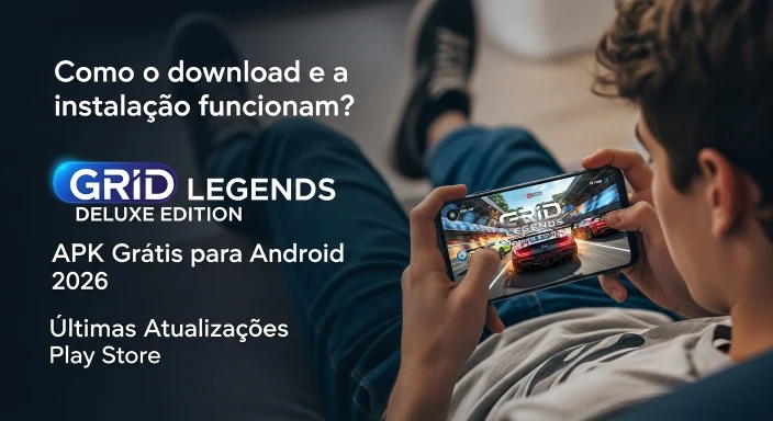 Jovem jogando GRID Legends Deluxe Edition no celular com guia de download e instalação 2026.