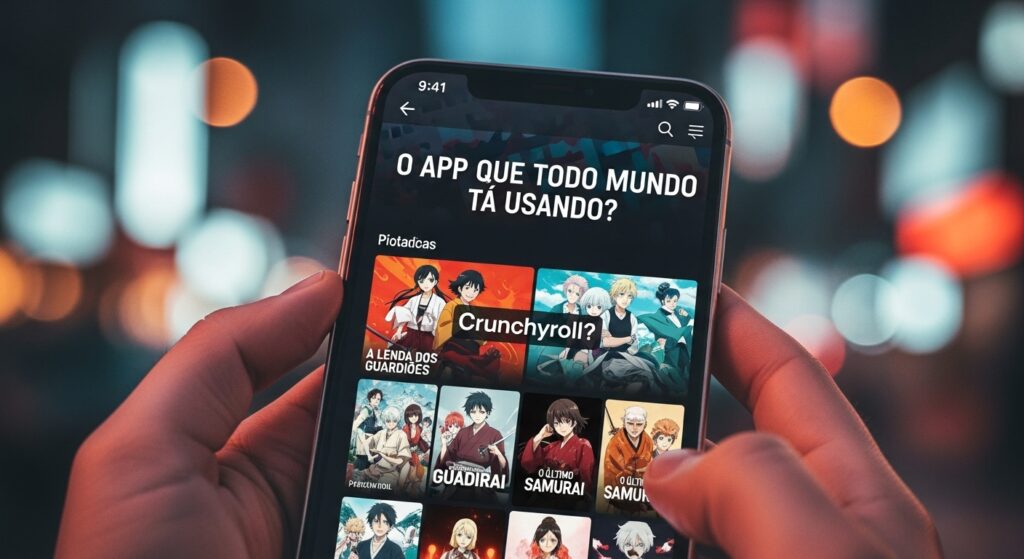 “Pessoa segurando celular à noite com interface de anime, destacando a pergunta: qual o app que todo mundo está usando para assistir animes.”