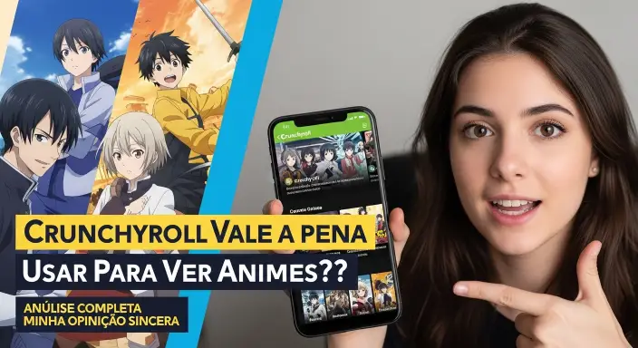 “Mulher segurando celular com Crunchyroll aberto, análise se o app vale a pena para assistir animes.”
