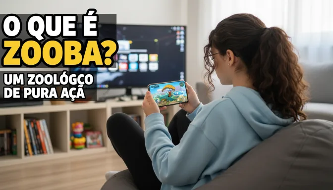 Jovem sentada no sofá jogando Zooba no celular enquanto a TV exibe o jogo ao fundo.