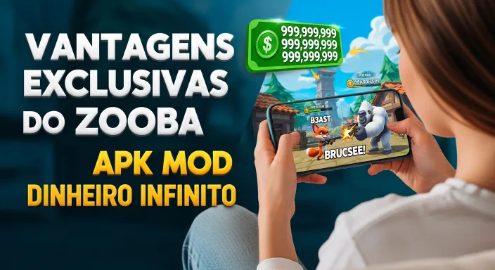 Pessoa jogando Zooba com destaque para dinheiro infinito e batalha entre raposa e gorila.