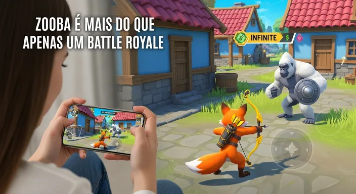 Jogadora segurando o celular jogando Zooba, com raposa enfrentando gorila no cenário da vila.