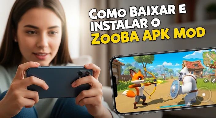 Mulher jogando Zooba e tela ampliada mostrando confronto entre raposa arqueira e gorila.