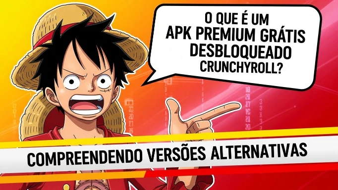 Imagem com o personagem Luffy explicando o que é um APK Premium grátis desbloqueado da Crunchyroll, destacando o conceito de versões alternativas do aplicativo.
