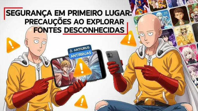 Imagem do personagem Saitama segurando um celular com alertas de perigo, destacando a importância da segurança ao baixar APKs e explorar fontes desconhecidas.