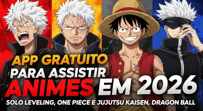 “Thumbnail com personagens de anime inspirados em Solo Leveling, One Piece, Jujutsu Kaisen e Dragon Ball, com o texto ‘App gratuito para assistir animes em 2026’. Estilo vibrante em vermelho, laranja e branco.”