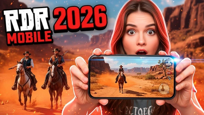 Thumbnail de Red Dead Redemption Mobile 2026 com jovem surpresa segurando um celular mostrando o jogo rodando, cenário de velho oeste ao fundo, cowboys montados a cavalo, cores vibrantes em vermelho e branco, estilo chamativo com alto CTR.