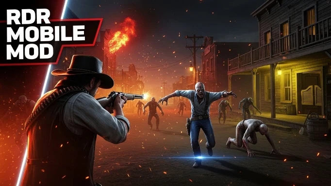 Thumbnail de Red Dead Redemption Mobile APK MOD mostrando tiroteio contra zumbis no velho oeste, com texto chamativo RDR MOBILE MOD em branco e vermelho, estilo gamer profissional. 