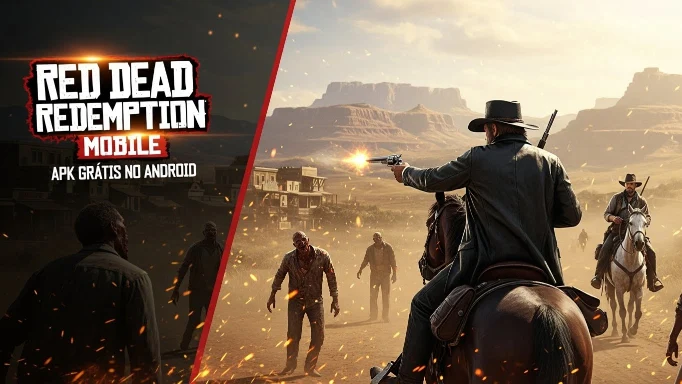 Thumbnail mostrando cena de Red Dead Redemption Mobile com ataque de zumbis no velho oeste, personagem atirando, e texto destacado “Red Dead Redemption Mobile APK Grátis no Android” em branco e vermelho, estilo gamer profissional.