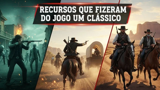 Thumbnail com três cenas de Red Dead Redemption Mobile: ataque de zumbis, perseguição a cavalo e duelo no deserto, com texto “Recursos Que Fizeram do Jogo um Clássico”, estilo gamer profissional. 