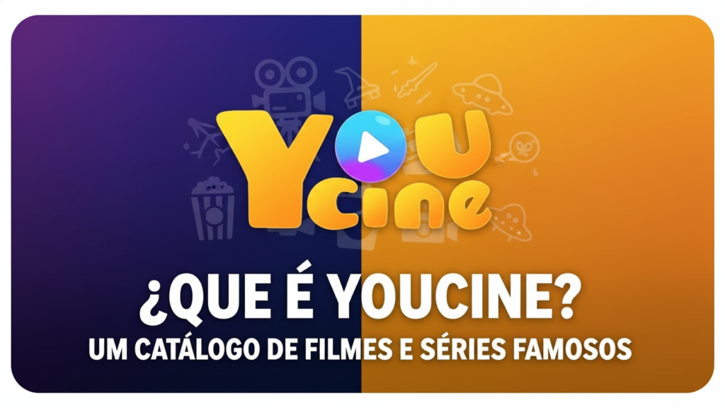 YouCine aplicativo de streaming com catálogo de filmes e séries famosos, interface moderna com capas de produções populares ao fundo