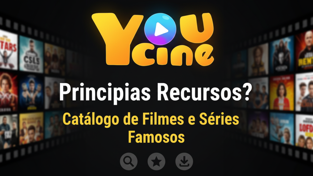 YouCine app de filmes e séries explicando o que é o YouCine, plataforma com catálogo de conteúdos famosos em layout colorido roxo e amarelo
