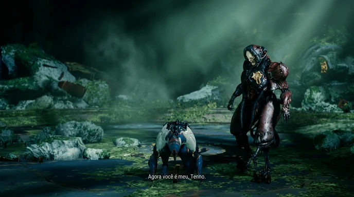 Warframe Mobile para Android e iOS mostrando cena do modo história com Tenno ajoelhado diante de inimigo em ambiente sombrio 