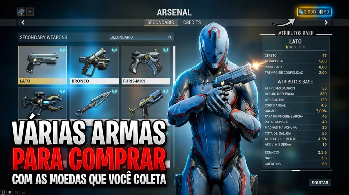 Warframe Mobile para Android e iOS mostrando várias armas para comprar com as moedas coletadas nas fases, tela de arsenal com personagem segurando pistola e créditos destacados.