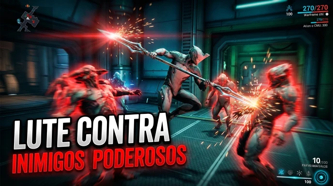 Warframe Mobile para Android e iOS mostrando combate intenso contra inimigos poderosos em cenário futurista.