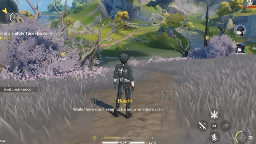 Gameplay de Wuthering Waves mostrando o personagem Rover (Masculino) em uma trilha de grama alta acinzentada, com interface de usuário exibindo a missão 'Find a suitable Tacet Discord' e diálogo da personagem Baizhi."