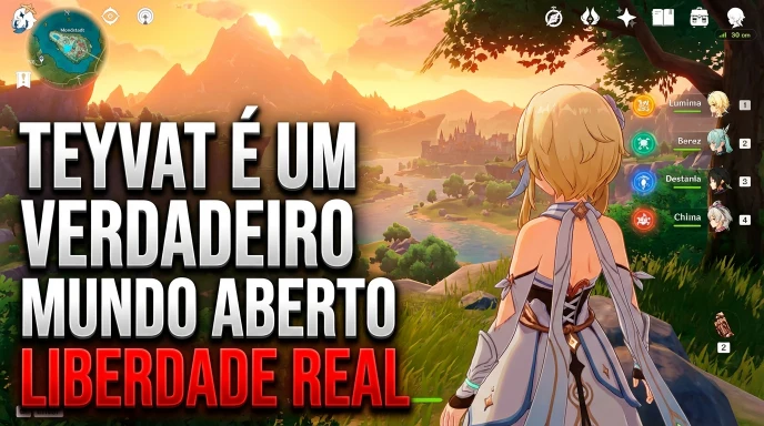 Gameplay de Genshin Impact mostrando personagem de costas observando a paisagem de Teyvat em mundo aberto, com texto na tela destacando liberdade real e exploração total.