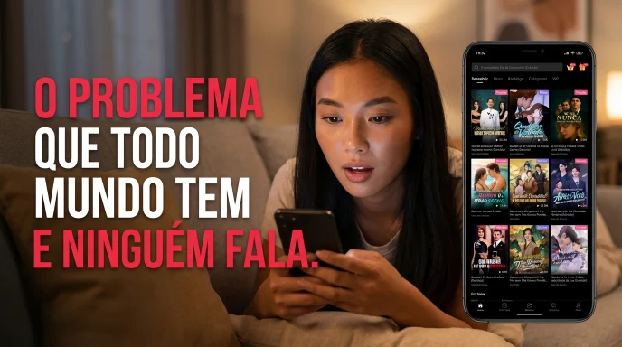 Menina japonesa brasileira no celular com DramaBox, texto "O problema que todo mundo tem e ninguém fala" com advertência. DRAMABOX APK MOD em destaque.